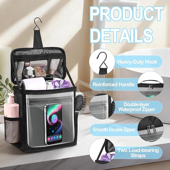 Hanging Shower Caddy Portable, Travel Toiletry Bag for Men & Women, Large Capacity with Hook,Dorm Room Essentials With Waterproof Phone Compartment, for Bathroom, Picnic, Gym, Travel(Black)