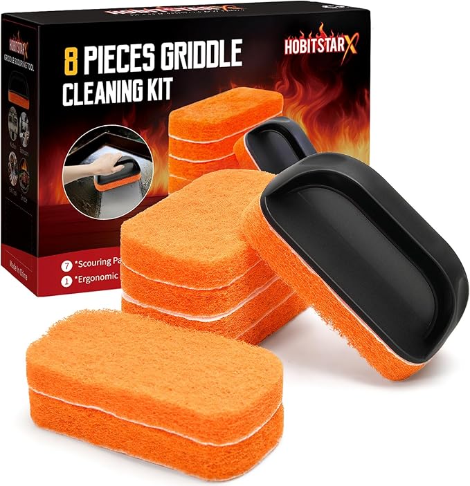 Griddle Cleaning Kit for Blackstone – Grill Stone, Non-Scratch Scouring Pads, Heavy-Duty Scraper & Ergonomic Handles – Flat Top Grill Accessories (8PCS Orange)