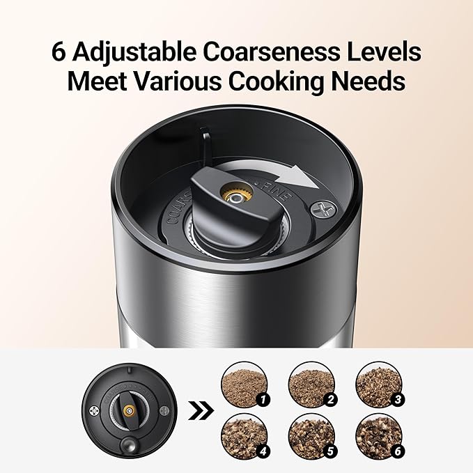 ThermoMaven Electric Salt and Pepper Grinder Set, 110ml Larger Rechargeable Automatic Salt and Pepper Mill Grinder with 6 Adjustable Coarseness, Electric Salt and Pepper Shakers, LED, Midnight Black