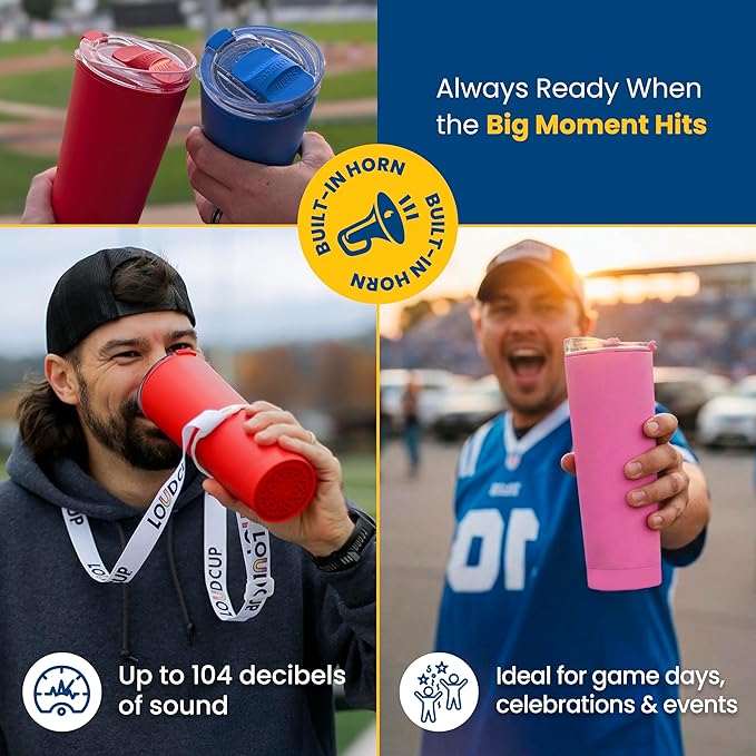 The LoudCup Blow Horn Tumbler, Cheer & Sip 2-in-1 Reusable Water Bottle with Built-In Horn for Sports Games, Tailgates, Parties & Events, BPA-Free