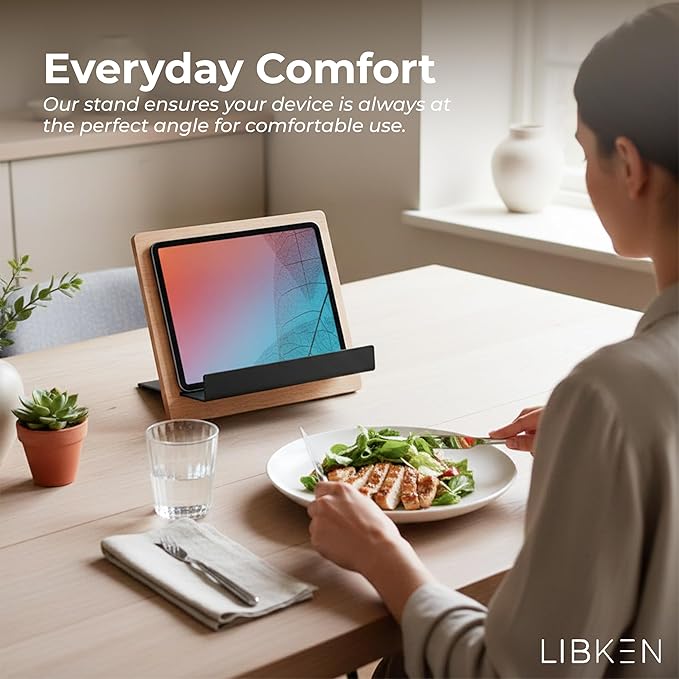 Wooden Book Stand for Reading & Kitchen – Adjustable Cookbook Holder Stand – Rubberwood & Metal Recipe Book Holder – Tablet & Smartphone Stand – Minimal Scandinavian Design - Black