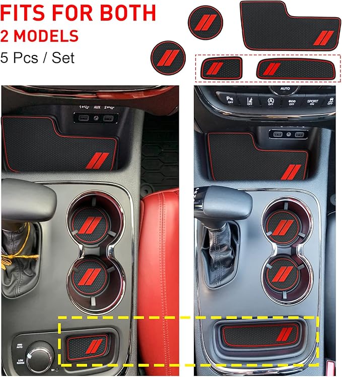 Center Console Mats for Durango Accessories 2014 2015 2016 2017 2018 2019 2020 Cup Holder Insert Coasters Custom Fit Cup Liners Pads Interior Decoration (Red Trim) - 5 Pcs Set