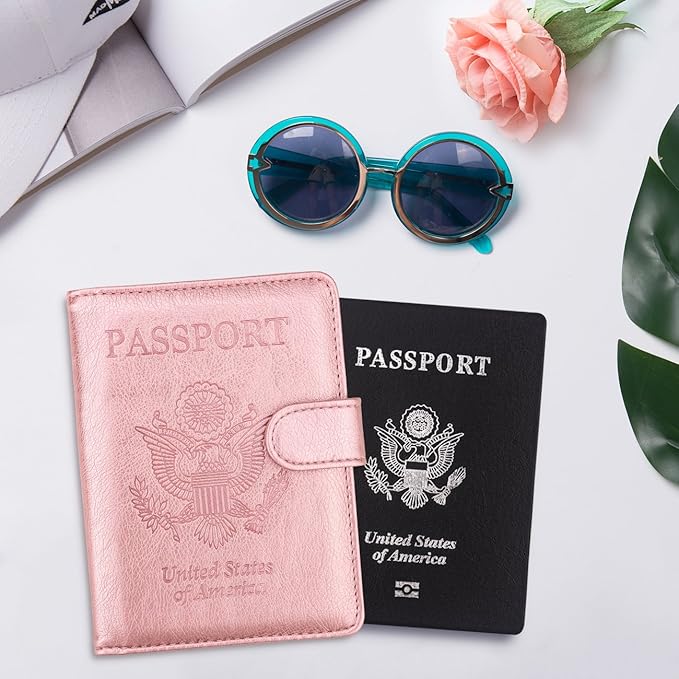 WALNEW Passport Holder for Travel, RFID Passport Cover Wallet for Women Men, PU Leather Passport Book Card Holder Case with Pen (Buckle Closure, Buckle-Rosegold)