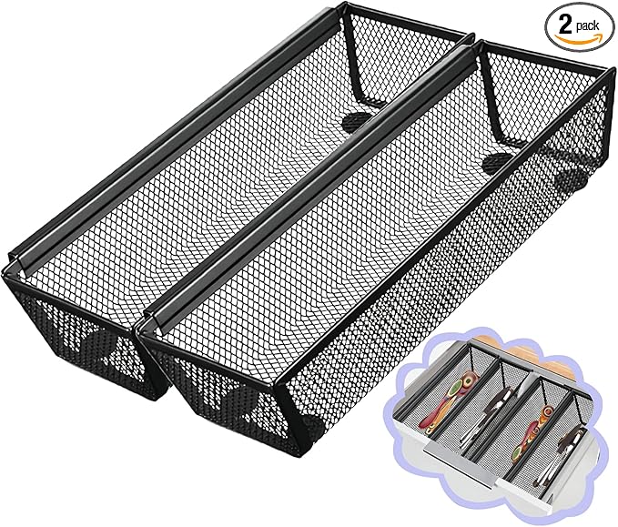 2PCS Drawer Organizer for Kitchen,Utensil Mesh Drawer Organizer with Interlocking Arm for Cosmetic,Flatware,Pen (9 * 3 * 2 Inches,Black)