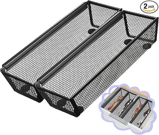 2PCS Drawer Organizer for Kitchen,Utensil Mesh Drawer Organizer with Interlocking Arm for Cosmetic,Flatware,Pen (9 * 3 * 2 Inches,Black)