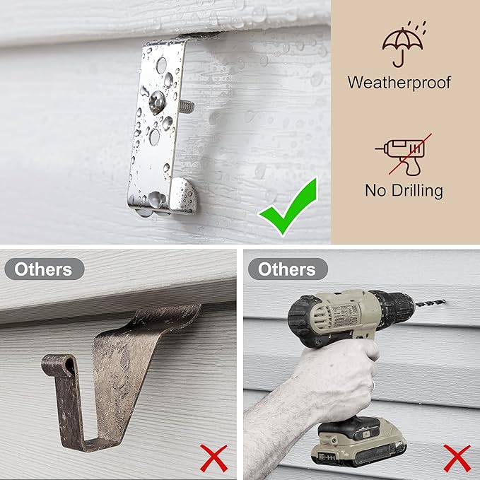 Antimbee Vinyl Siding Hooks, 8 Pack No Hole Siding Hooks for Hanging Outdoor Camera Mount, No Tools Vinyl Clips Hangers for String Lights Wreaths Signs Plants, Damage-Free Weatherproof Stainless Steel