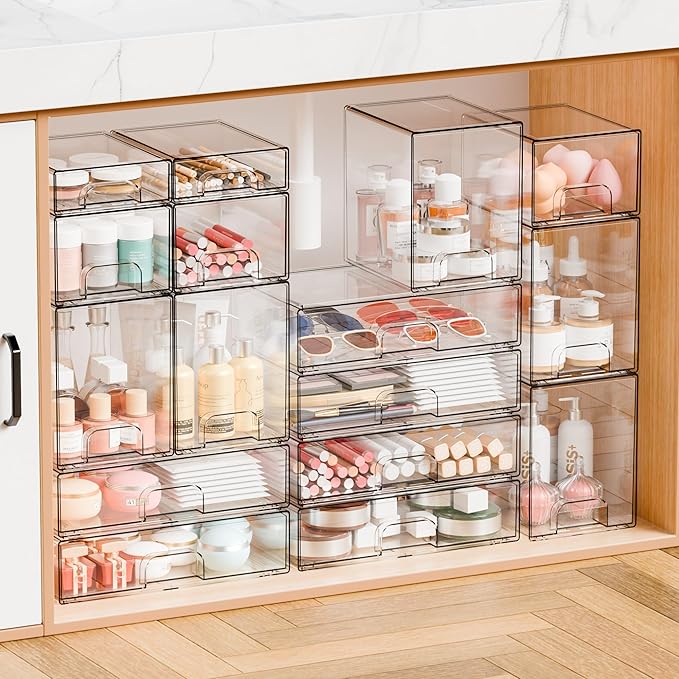 Yieach 2 Pack Clear Stackable Storage Drawers,7.6" H Baby Bottle Organizer,Acrylic Drawer Containers for Cosmetics,Skincare,Beauty Products,Cabinet,Vanity,Kitchen,Under Sink and Bathroom Storage Bins