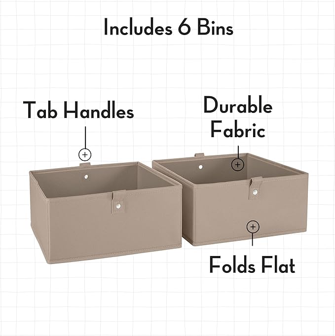 RiverRidge Kids 6pc Folding Storage Bins Set - 10.5”W x 5”H Fabric Boxes with Handles for Closet Organizer & Storage - Taupe Cube Storage Organizer for Toys, Clothes & Crafts - Fits RiverRidge Shelve
