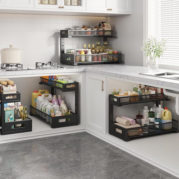 1 Pack 19-Inch Deep Under Sink Storage Organizer, Large 2-Tier Elegant Mesh Pull-Out Shelf for Kitchen and Bathroom Cabinet Organization, L-Shaped and Adjustable Height Design - Black