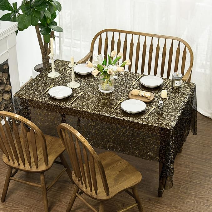 Horaldaily Black Gold Gauze Tablecloth 60x140 Inch Rectangular, Golden Sequin Glitter Metallic Foil, Sheer Tulle Cheesecloth for Wedding Baby Shower Ceremony Birthday