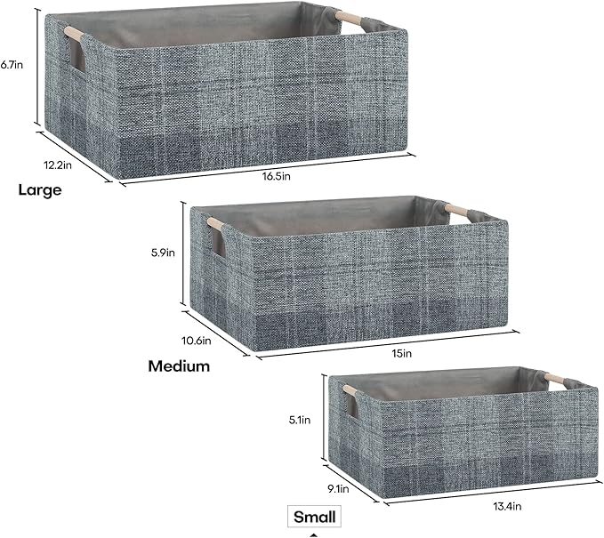 Fabric Storage Bin Box Collapsible Cotton Linen Storage Cube with Wooden Handles Rectangular Decorative Home Organizer Clothes Blanket Basket– Dark Gray Plaid, Small