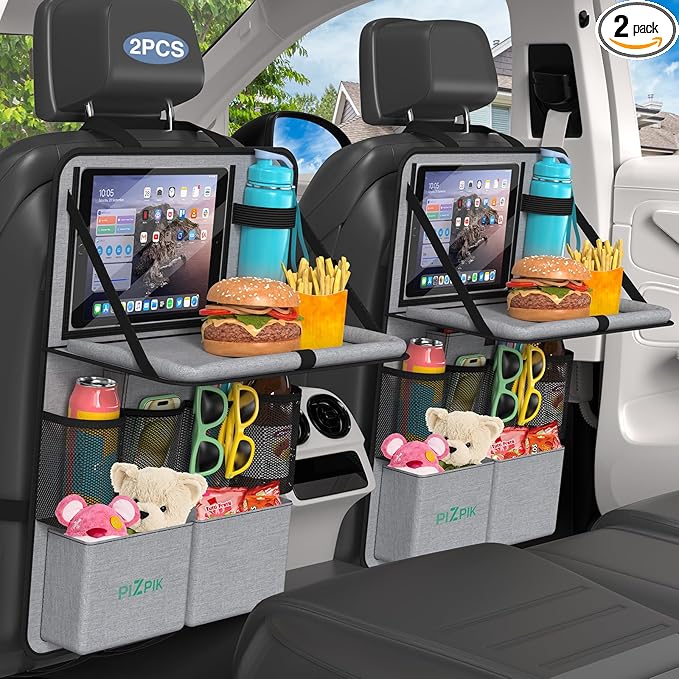 Car Backseat Organizer with Tablet Holder, 11 Storage Pockets with Foldable Food Tray, Protector Kick Mats for Kids, Travel Accessories Organizer (Gray, 2-Pack with Food Tray)