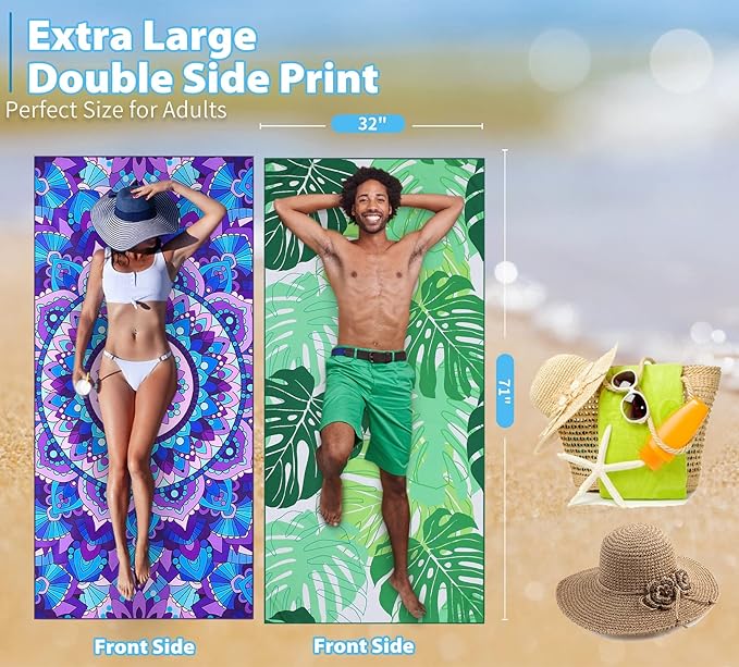 TwoYek 2 Pack Microfiber Thin Beach Towel Lightweight 71x32 Oversized Extra Large Sand Free Towels Quick Dry for Travel Pool Yoga Gym Sports Beach Accessories Vacation Essential Gift