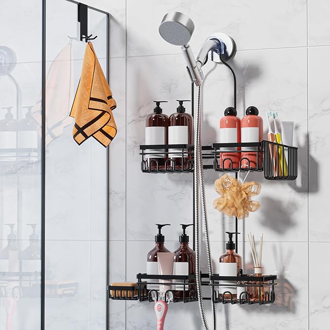 Daoun Shower Caddy Hanging with Door Hook - Split Design for Handheld Showerheads, Rustproof Over The Showerheads Bathroom Organizer with Hooks Soap and Toothbrush Holder, Bathroom Accessories Black