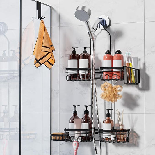 Daoun Shower Caddy Hanging with Door Hook - Split Design for Handheld Showerheads, Rustproof Over The Showerheads Bathroom Organizer with Hooks Soap and Toothbrush Holder, Bathroom Accessories Black