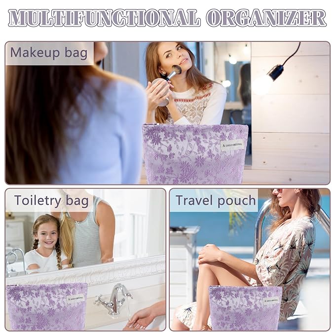 ZLFSRQ Daisy Flower Makeup Bag Travel Cute Floral Cosmetic Bags for Women Large Toiletry Pouch Zipper Cosmetic Pouch for Purse Aesthetic Embroidery Purple Makeup Organizer Bag Portable Toiletry Bags