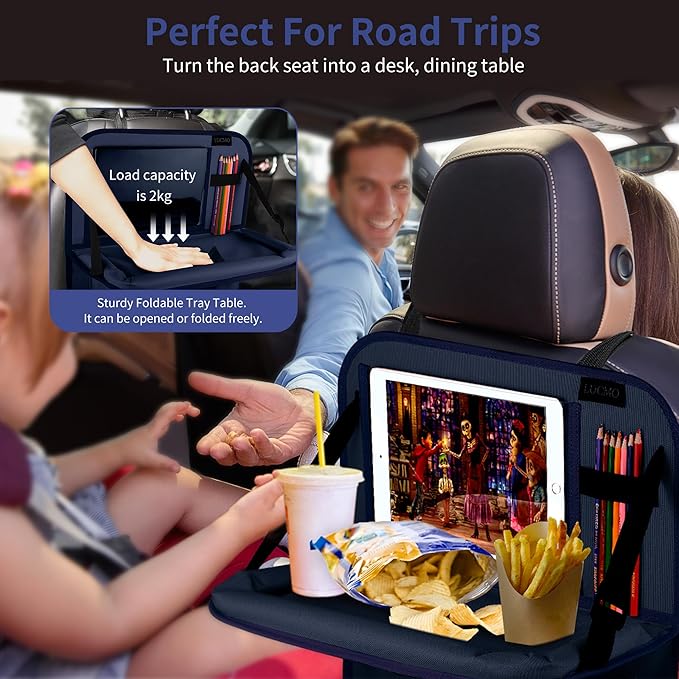 LUCMO Car Backseat Organizer with Tablet Holder, 6 Storage Pockets Car Storage Organizer with Foldable Food Tray, Seat Protectors Kick Mats Travel Accessories - Dark Blue