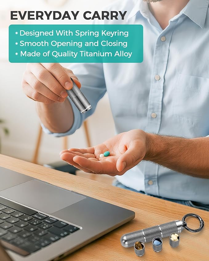 TISUR Titanium Keychain Pill Holder Small Metal Pill Case, Pill Organizer Portable Waterproof Pill Container, Travel Pill Bottle Box for Purse (Small-0.51in 3 Separate Compartments)