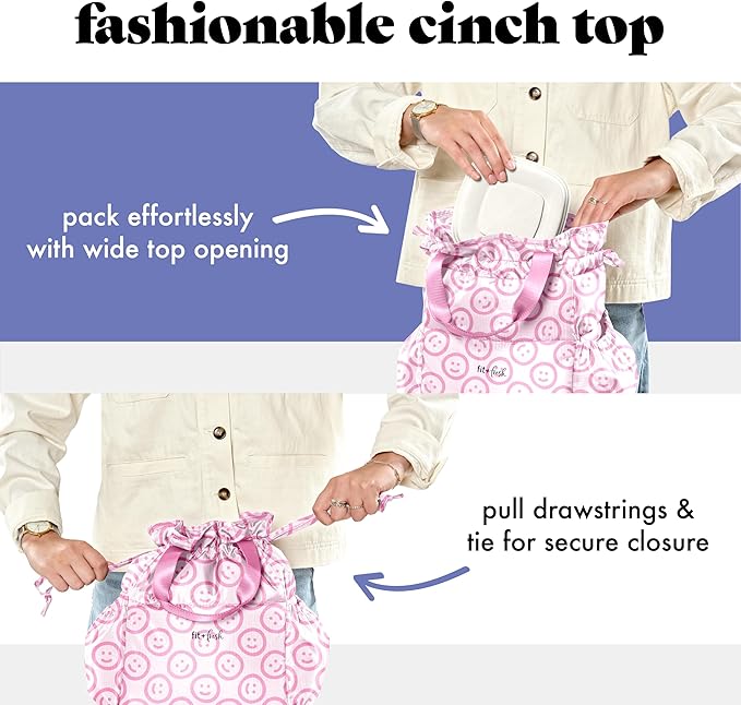 Fit & Fresh Cromwell Drawstring Lunch Bag for Women, Complete Lunch Set with 2 Containers, Stain-Resistant, Leak-Resistant, Back to School Essential, Teacher Lunchbox, All Smiles Pink