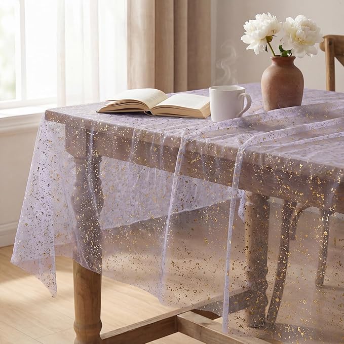 Horaldaily Grayish Purple Gold Tablecloth 60x120 Inch Rectangular, Golden Sequin Glitter Metallic Foil, Sheer Tulle Cheesecloth for Wedding Baby Shower Ceremony Birthday