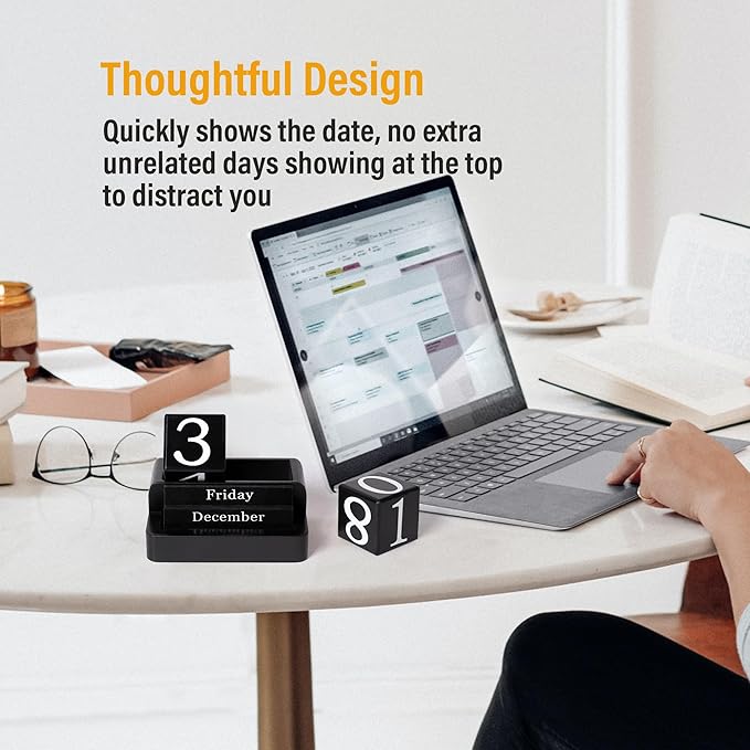 Wooden Block Calendar for Desk, Daily Desktop Perpetual Desk Calendar, Modern Farmhouse Aesthetic Desk Accessories for Home Office Decor, Teacher, Classroom, Reusable Yearly, Black