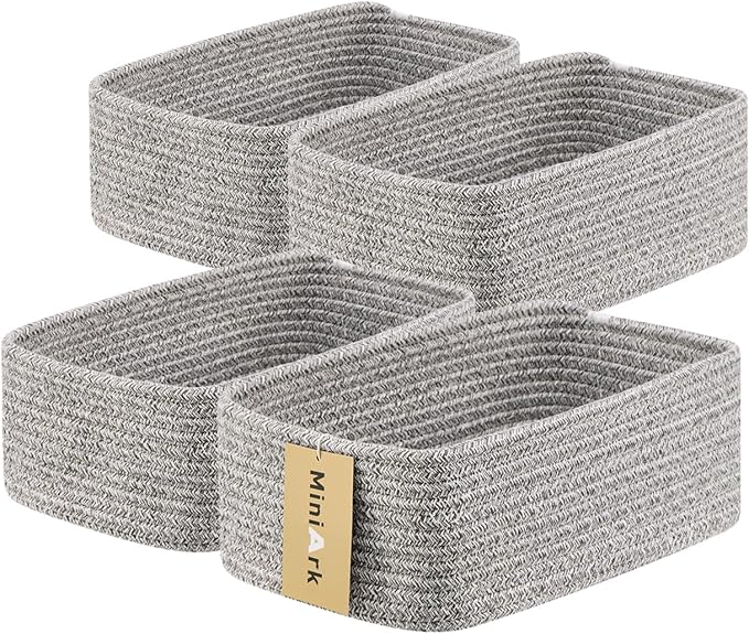 MiniArk Small Storage Baskets for Organizing | Closet Organizer Bins | Shelf Toy Basket | Woven Rope Baskets | Cube Decorative Box | Shallow Basket | 11.5x7.5x4.7” | 4 Packs Mixed Grey