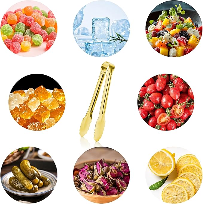 8PCS Gold Mini Metal Tongs, 5" Stainless Steel Serving Tiny Tong, Small Kitchen Accessories for Appetizer, Ice, Sugar Cube, Salad, Toaster, Desserts