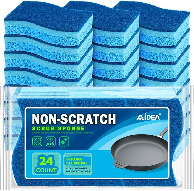 AIDEA Sponges Kitchen, Non-Scratch Scrub Sponge, 24-Count, Sponges for Non-Stick Cookware, Kitchen Sponge for Dishes, Cleans Fast Without Scratching, Cleaning Power for Kitchen, Bathroom, Household