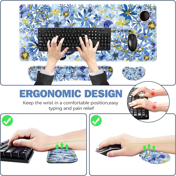 ToLuLu Desk Mat, Gaming Mouse Pad Wrist Support 4 in1 Set, XXL Large Mouse Pad + Keyboard Wrist Rest + Memory Foam Cushion Mouse Wrist Rest for Pain Relieve + Coaster Computer, Butterfly Loves Flower