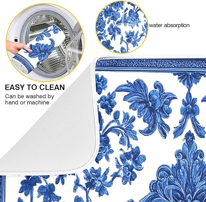 Blue White Porcelain Floral Dish Drying Mat for Kitchen Countertop 18x24 Rectangle Large Drying Mat Reusable Quick Dry Dish Sink Absorbent Mats Dishwasher Easy Clean Decorative Home Decor Essentials