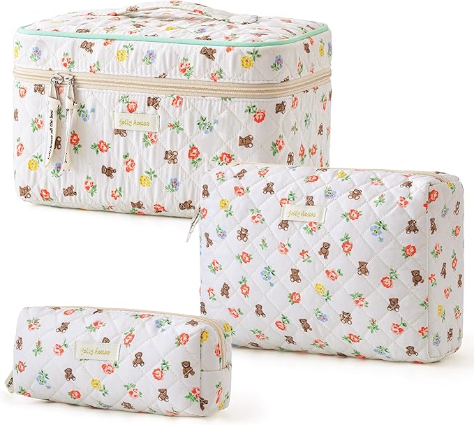 HBselect Quilted Makeup Bag, 3PCS Cotton Large Travel Makeup Bag, Cute Floral Coquette Make up Bag Cosmetic Bag Toiletry Bag for Women Girls