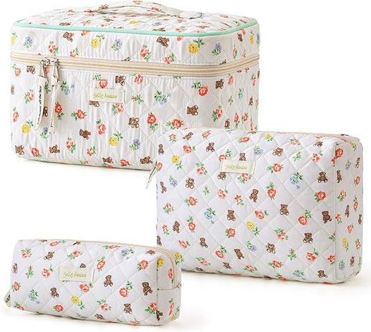 HBselect Quilted Makeup Bag, 3PCS Cotton Large Travel Makeup Bag, Cute Floral Coquette Make up Bag Cosmetic Bag Toiletry Bag for Women Girls