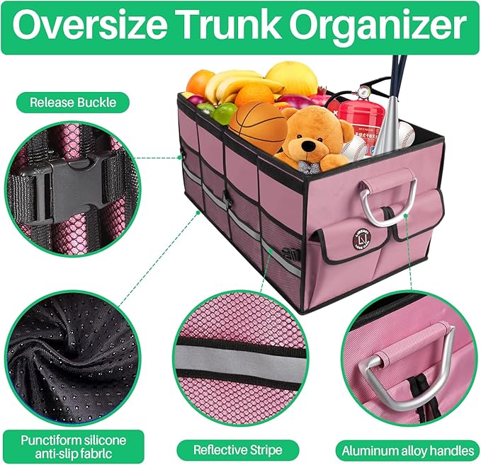 LI LIBZAKI Car Trunk Organizer, Cargo Organizer SUV Trunk Storage Non Slip Bottom Waterproof Collapsible Durable Multi Compartments-(Standard,Pink)