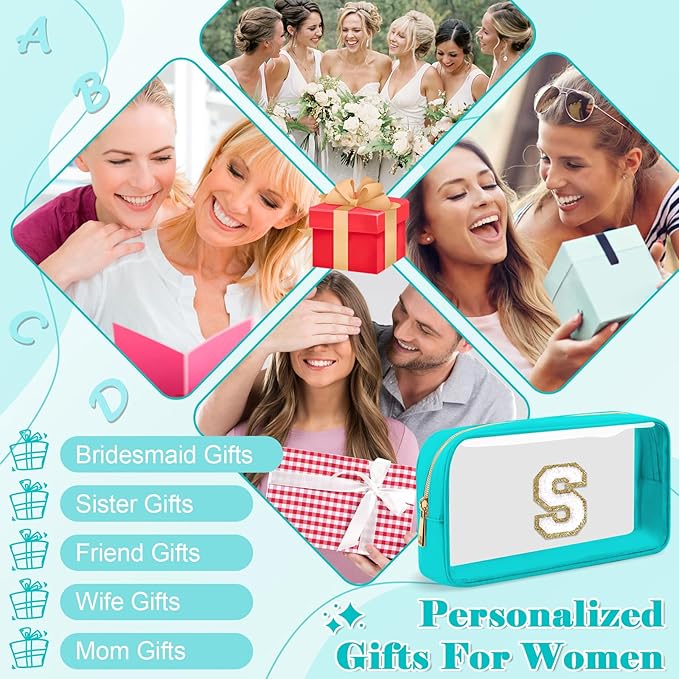 Personalized Initial Letter Clear Makeup Bag, Preppy Small Nylon & PVC Cosmetic Zipper Bag with Chenille Letter, Portable Beach Travel Skincare Toiletry Bag, Trendy Monogram Gift for Teen Girls Women, S