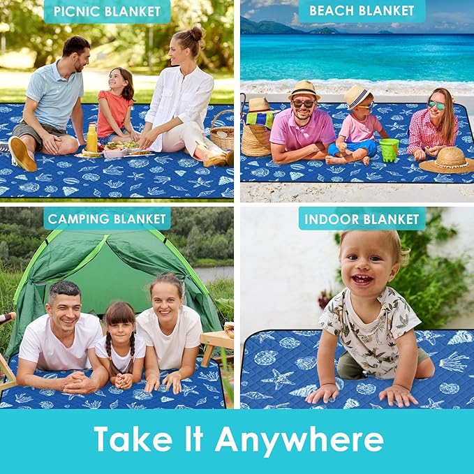Waterproof Picnic Outdoor Blanket, 79" x 59" Sandproof Foldable Large Picnic Blanket for Beach, Camping, Park, Travel, Concert, Great Gift for Families and Couples (Blue Sea Shells)