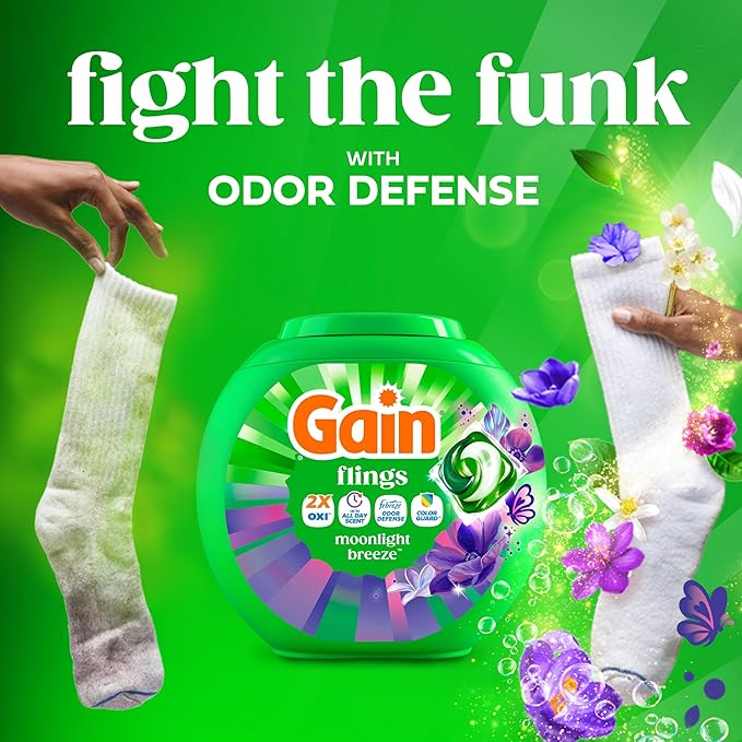Gain Flings Liquid Washing Detergent Pods with Odor Defense + Color Guard, Moonlight Breeze Scent, 4-In-1 Liquid Laundry Detergent Pacs, Clean & Fresh, 76 Count (Packaging May Vary)