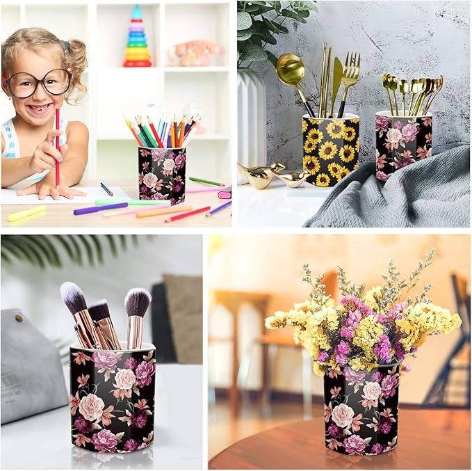 WAVEYU Pen Holder, Pencil Holder for Desk Floral Pattern Pencil Cup for Girls Kids Durable Ceramic Desk Organizer Makeup Brush Holder for Office, Classroom, Home, Black Flower