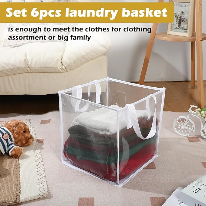 Zopeal 6 Pack Popup Laundry Hamper 13 Inch Collapsible Laundry Baskets with Handles Mesh Clothes Baskets Portable Single Layer Foldable Clothes Hamper Square Bin for Washing, Toy Storage(White)