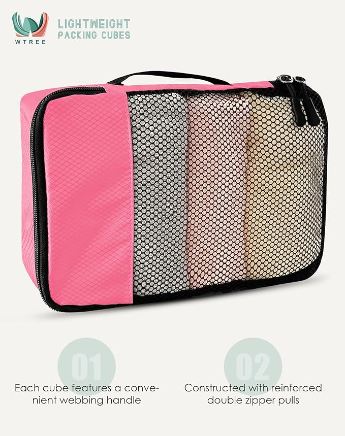 4-Piece Packing Cubes Travel Accessories Set for Suitcases - Luggage Organizer Bags with Double Zipper - Mesh Top - Large - Pink