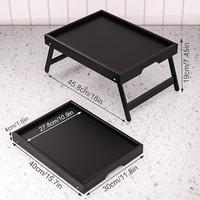 Fibogollo 4 Pack Bamboo Bed Tray Table with Folding Legs,Breakfast Trays,Serving Tray,Laptop Trays for Working,Food Snack Tray for Bed and Sofa(Black)