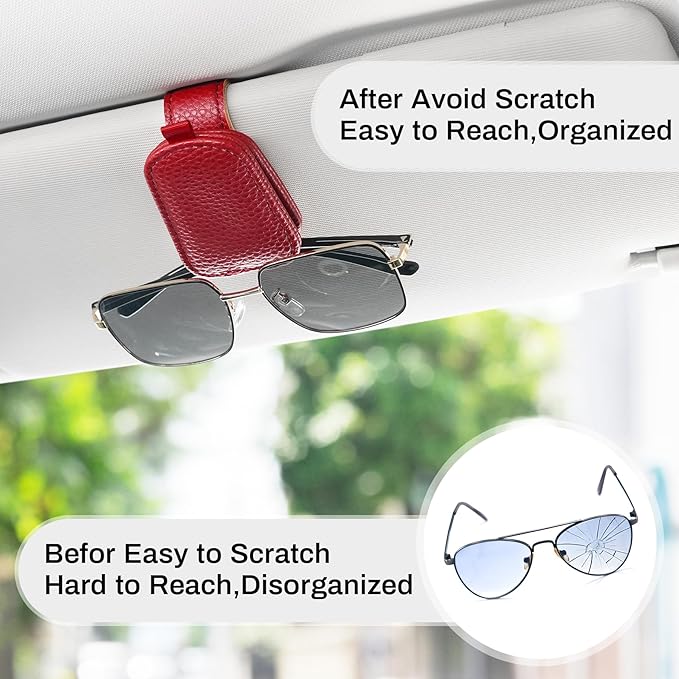 SINGARO Sunglasses Holder for Car, Leather Magnetic Buckle Sun Visor Sunglass Clip, Ticket Card Storage Glasses Clip, Car Interior Accessories for Men and Women（2PCS Red）