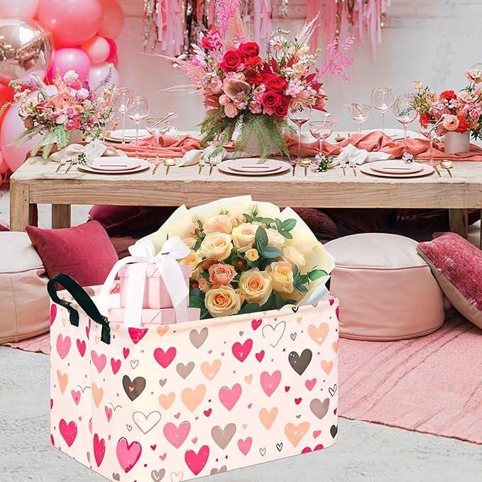 KUNRO Rectang Heart Valentine's Storage Basket Gift Shelf Basket Storage Bin, Nursery Basket Organizer Box for With Handles for Room Deco