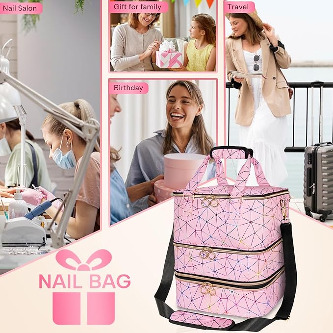 Nail Polish Organizer Bag Holds 84 Bottles & Nail Lamp, 3 Layers Nail Kit Storage Carrying Case Pu Leather, Large Nail Supplies Organizer With Shoulder Strap, Portable Travel Nail Bag, Pink