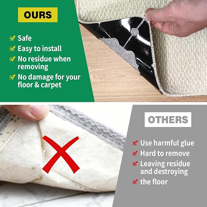 FLUOTINE 48 PCS Carpet Tape,Non Slip Carpet Pads for Area Rugs on Hardwood Floors,Laminate,Tile,LVP Floors,Reusable and Removable Rug Corner Pads with No Residue