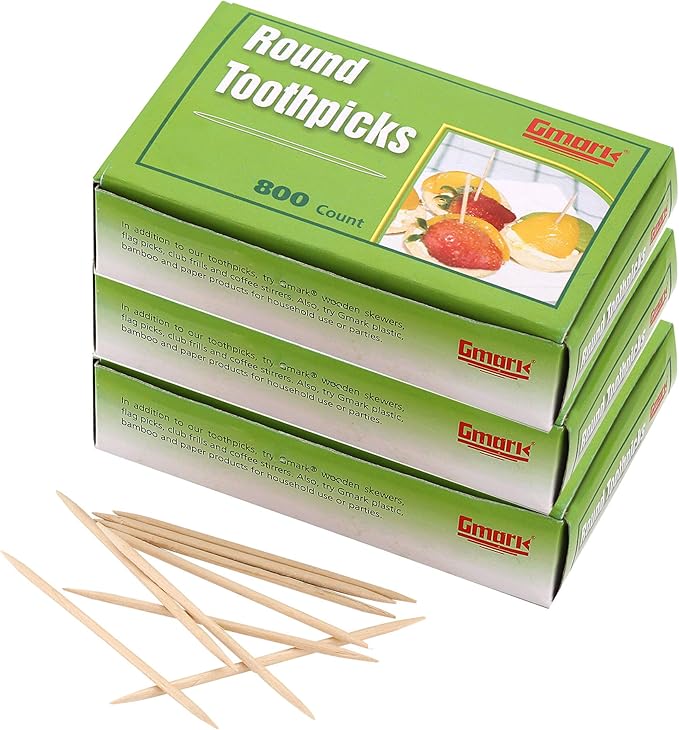 Gmark GM1021 Round Hotel Toothpicks, 2.5 Inch Natural Wooden, 3 Boxes Pack, 2400 Count Total