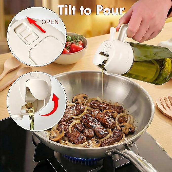 Poshetion 2 in 1 Olive Oil Sprayer for Cooking, 16oz Light-Proof Oil Dispenser for Kitchen, Leak-Proof Oil Spray Bottle for Air Fryer, Salad, BBQ, Baking, Grilling - White
