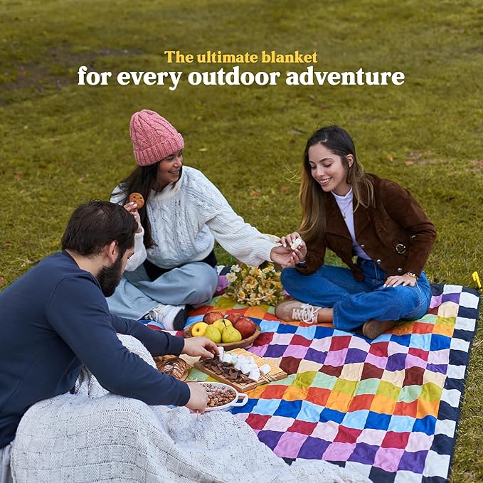 Cozy Club Waterproof Picnic Blanket Foldable Outdoor Mat with Pocket, Stakes & Shoulder Strap | Sandproof, Durable & Portable for Beach, Camping, Sporting Events & Travel | US Brand