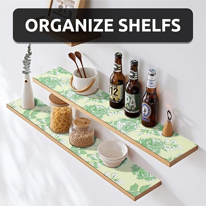 FIFTY FEET 18X96 Inch Shelf Liner for Kitchen Cabinets, PVC Drawer Liner for Dresser Non-Slip Bathroom, Non-Adhesive Cabinet Liner Washable (Green Flower)(3 Roll)