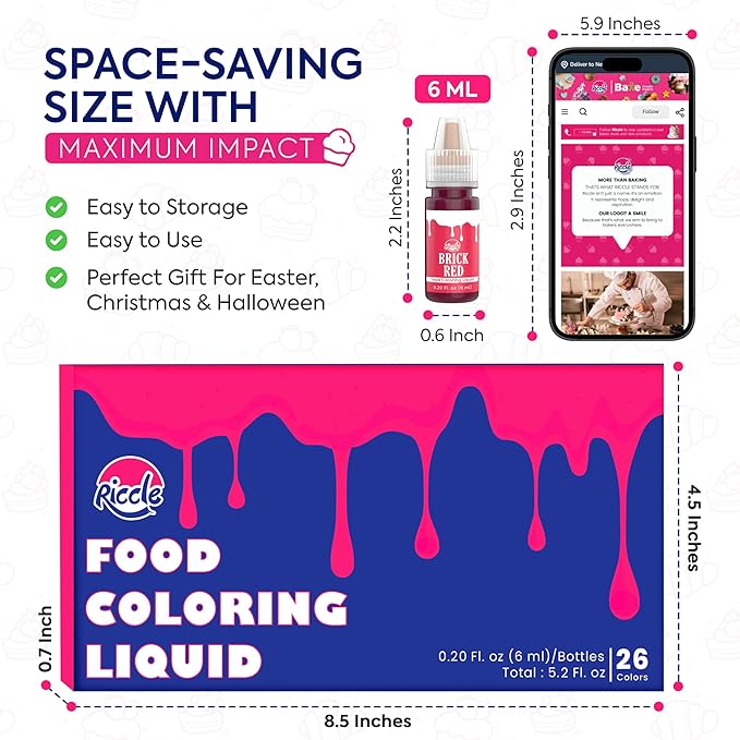 Riccle Food Coloring for Baking - 26 Bright Food Coloring Liquid Set for Cake decorations - 0.20 Fl. Oz (6 ml) / Bottle x 26 Food Dye for Icing, Christmas Cookie decorating Supplies Baking Supplies
