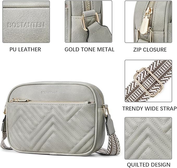 BOSTANTEN Quilted Crossbody Bags for Women Vegan Leather Purses Small Shoulder Handbags with Wide Strap